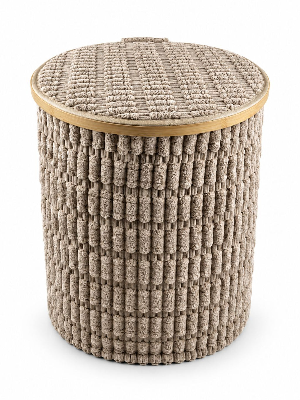Textured round laundry basket with lid and bamboo rim, 47 x 39 cm