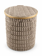 Textured round laundry basket with lid and bamboo rim, 47 x 39 cm