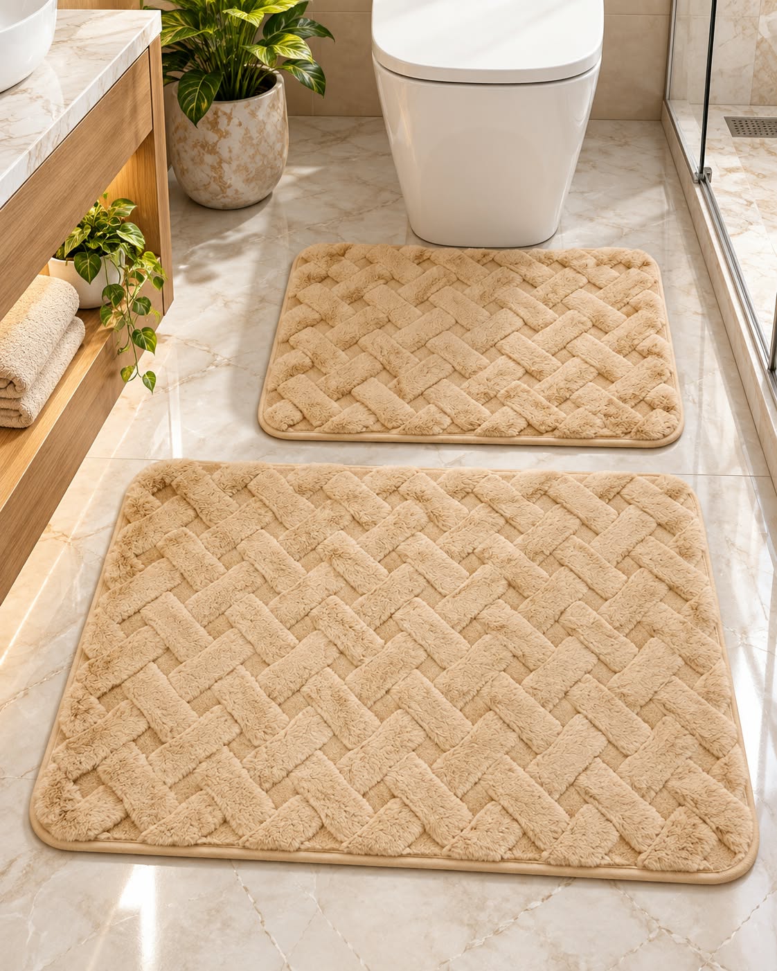 Beige woven bathroom mat set 80 x 50 cm and 60 x 40 cm