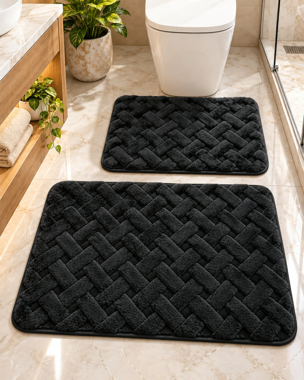 Black woven bathroom mat set 80 x 50 cm and 60 x 40 cm