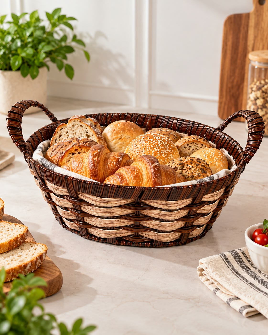 Woven bread basket with assorted bread