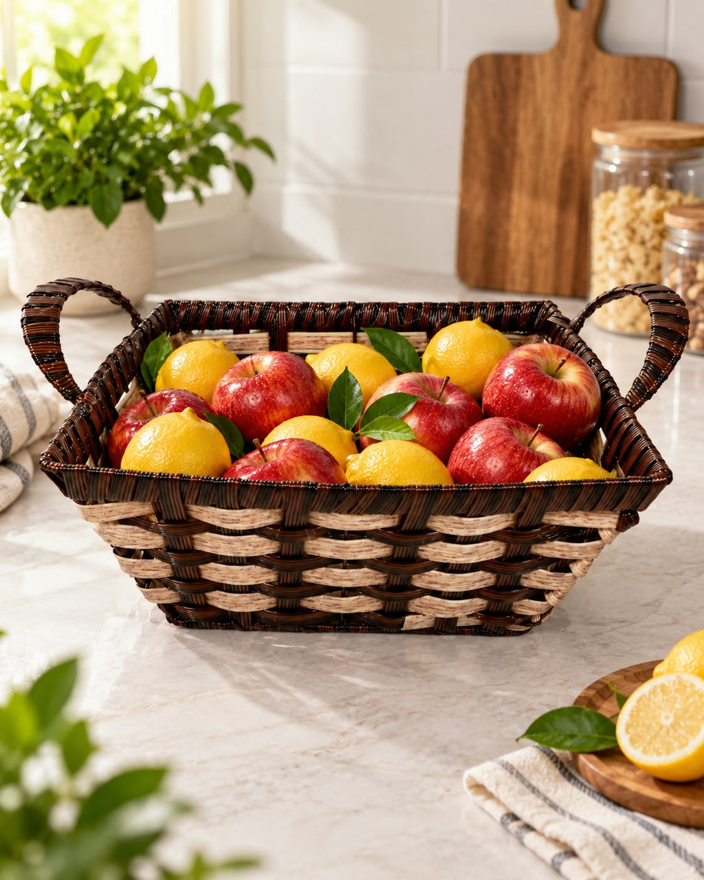 Woven fruit and serving basket with fruit