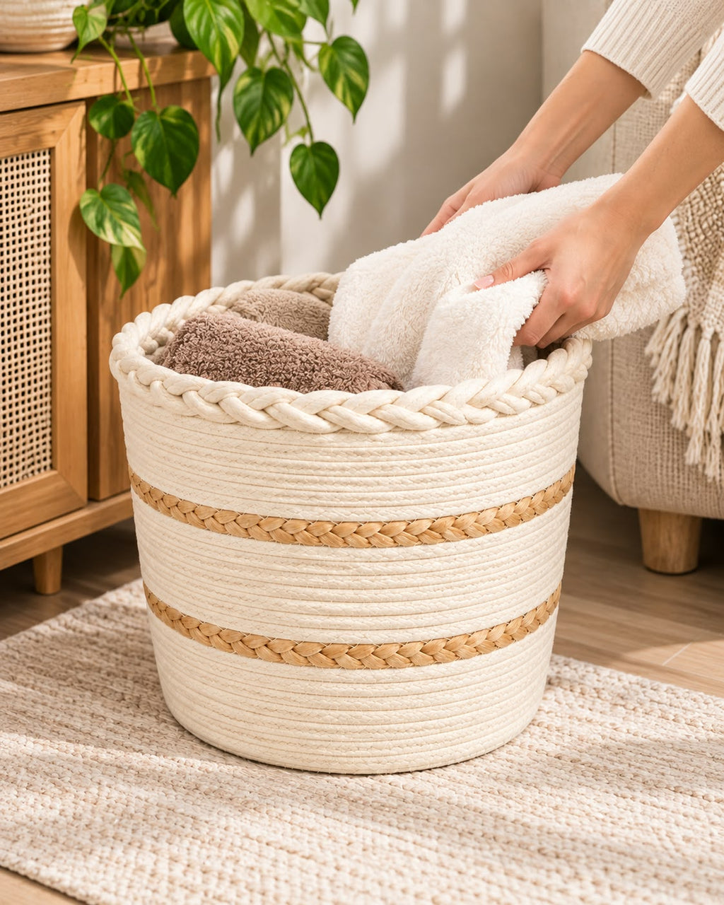3-piece woven storage basket set lifestyle with towels