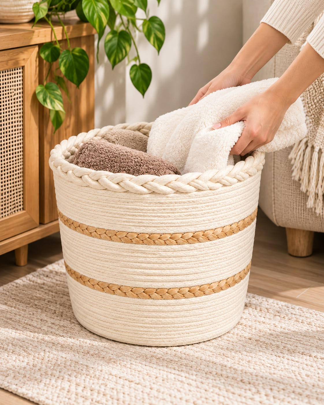 3-piece woven storage basket set lifestyle with towels